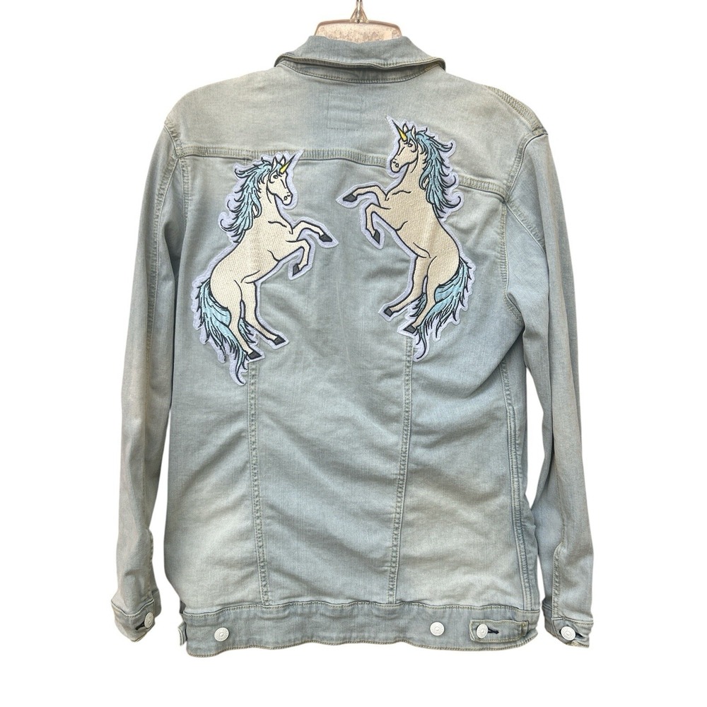 Lularoe Whimsical‎ Denim Blue Jean Jacket  Jaxon Unicorn Patches Size Large